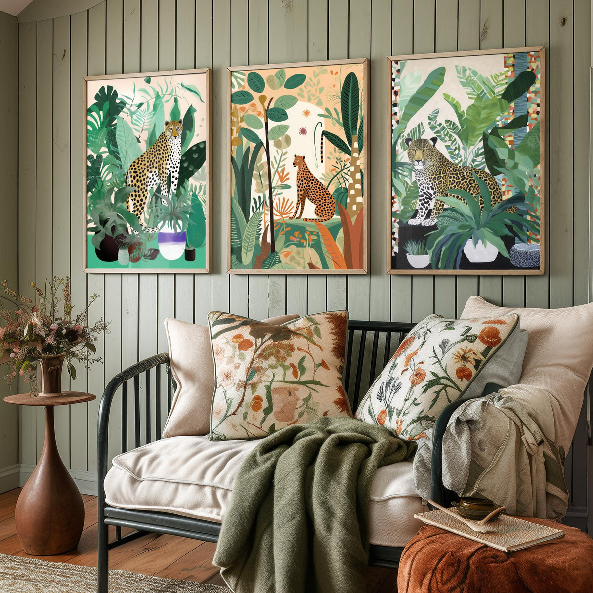 Leopards and Cheetahs in a Botanical Garden Set of Three Art Prints - Big Cats among Houseplants - Modern Jungle Poster Illustration
