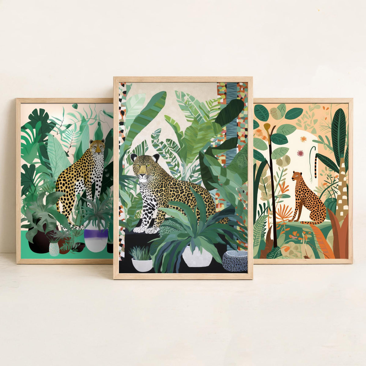 Leopards and Cheetahs in a Botanical Garden Set of Three Art Prints - Big Cats among Houseplants - Modern Jungle Poster Illustration