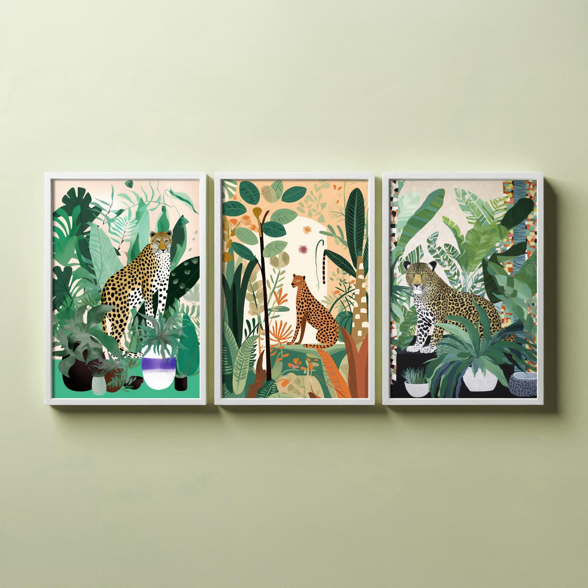 Leopards and Cheetahs in a Botanical Garden Set of Three Art Prints - Big Cats among Houseplants - Modern Jungle Poster Illustration