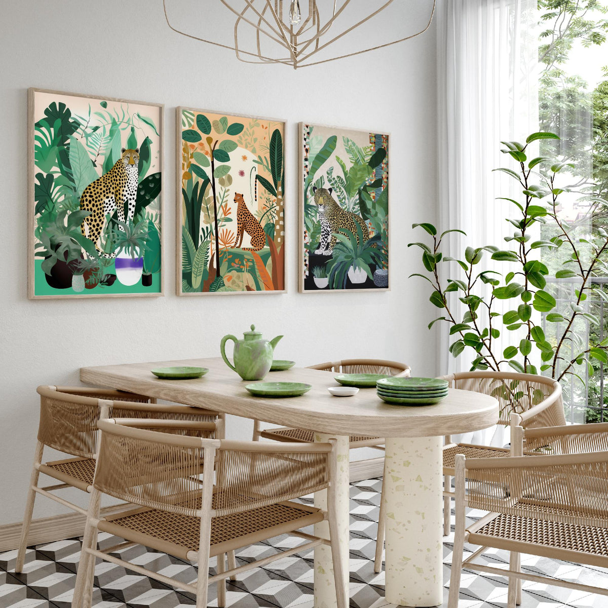 Leopards and Cheetahs in a Botanical Garden Set of Three Art Prints - Big Cats among Houseplants - Modern Jungle Poster Illustration