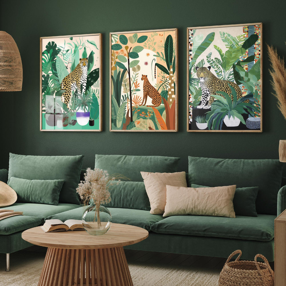 Leopards and Cheetahs in a Botanical Garden Set of Three Art Prints - Big Cats among Houseplants - Modern Jungle Poster Illustration