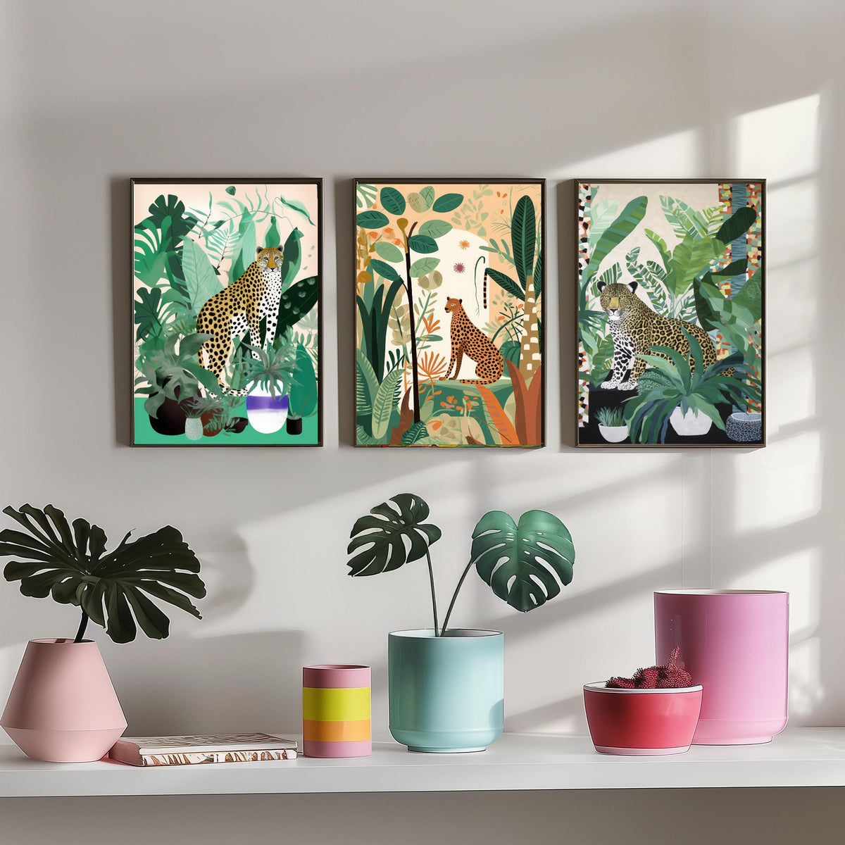 Leopards and Cheetahs in a Botanical Garden Set of Three Art Prints - Big Cats among Houseplants - Modern Jungle Poster Illustration