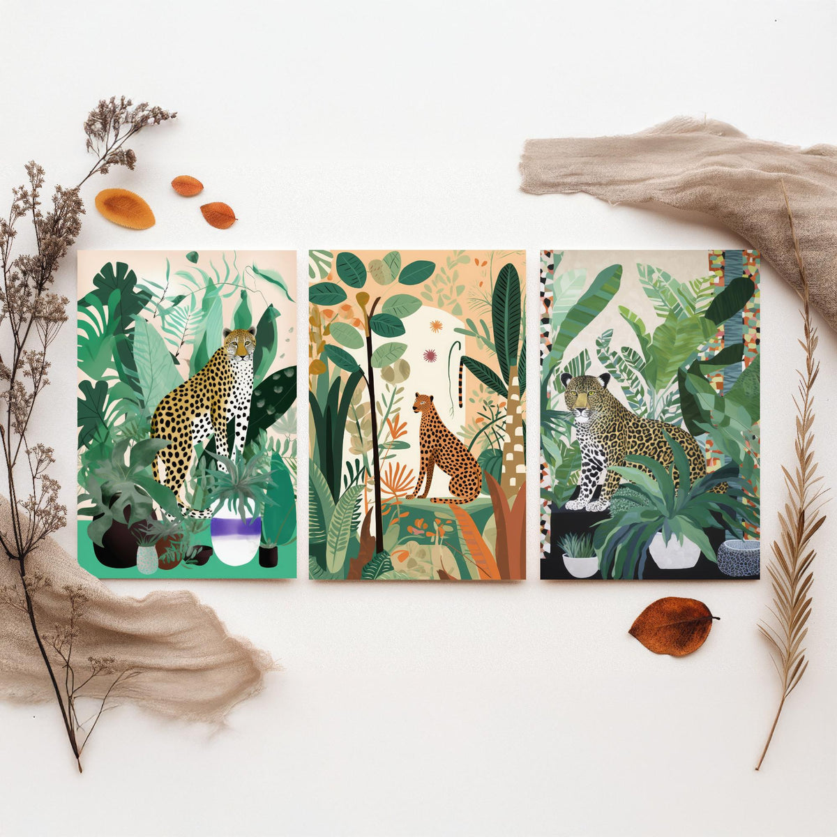 Leopards and Cheetahs in a Botanical Garden Set of Three Art Prints - Big Cats among Houseplants - Modern Jungle Poster Illustration