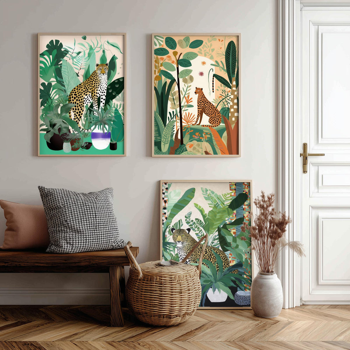 Leopards and Cheetahs in a Botanical Garden Set of Three Art Prints - Big Cats among Houseplants - Modern Jungle Poster Illustration