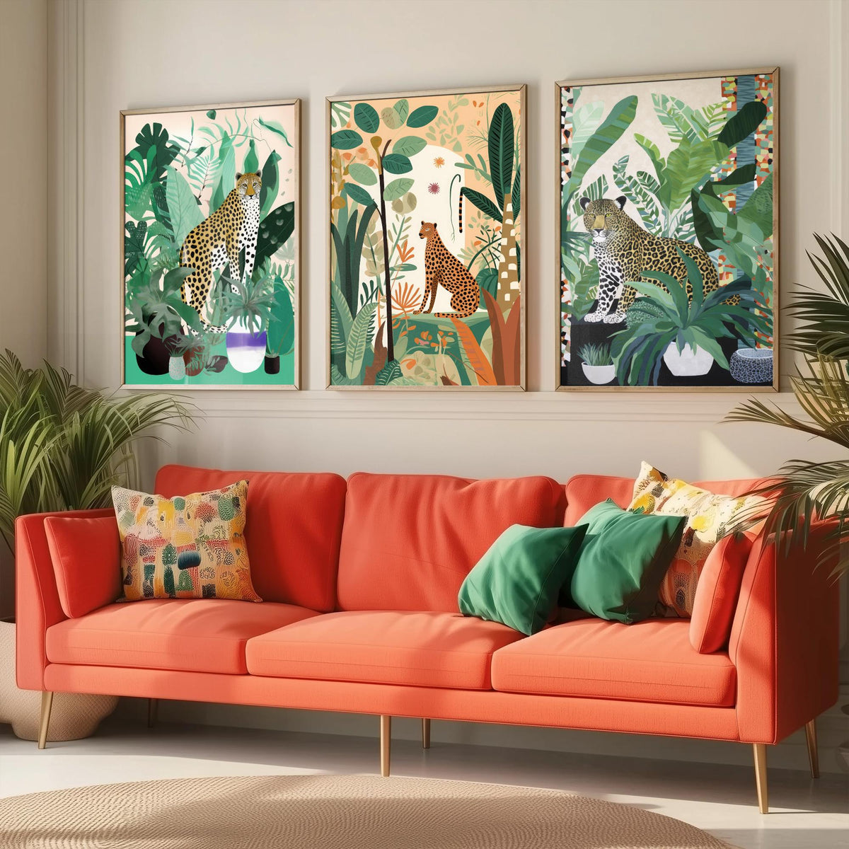 Leopards and Cheetahs in a Botanical Garden Set of Three Art Prints - Big Cats among Houseplants - Modern Jungle Poster Illustration
