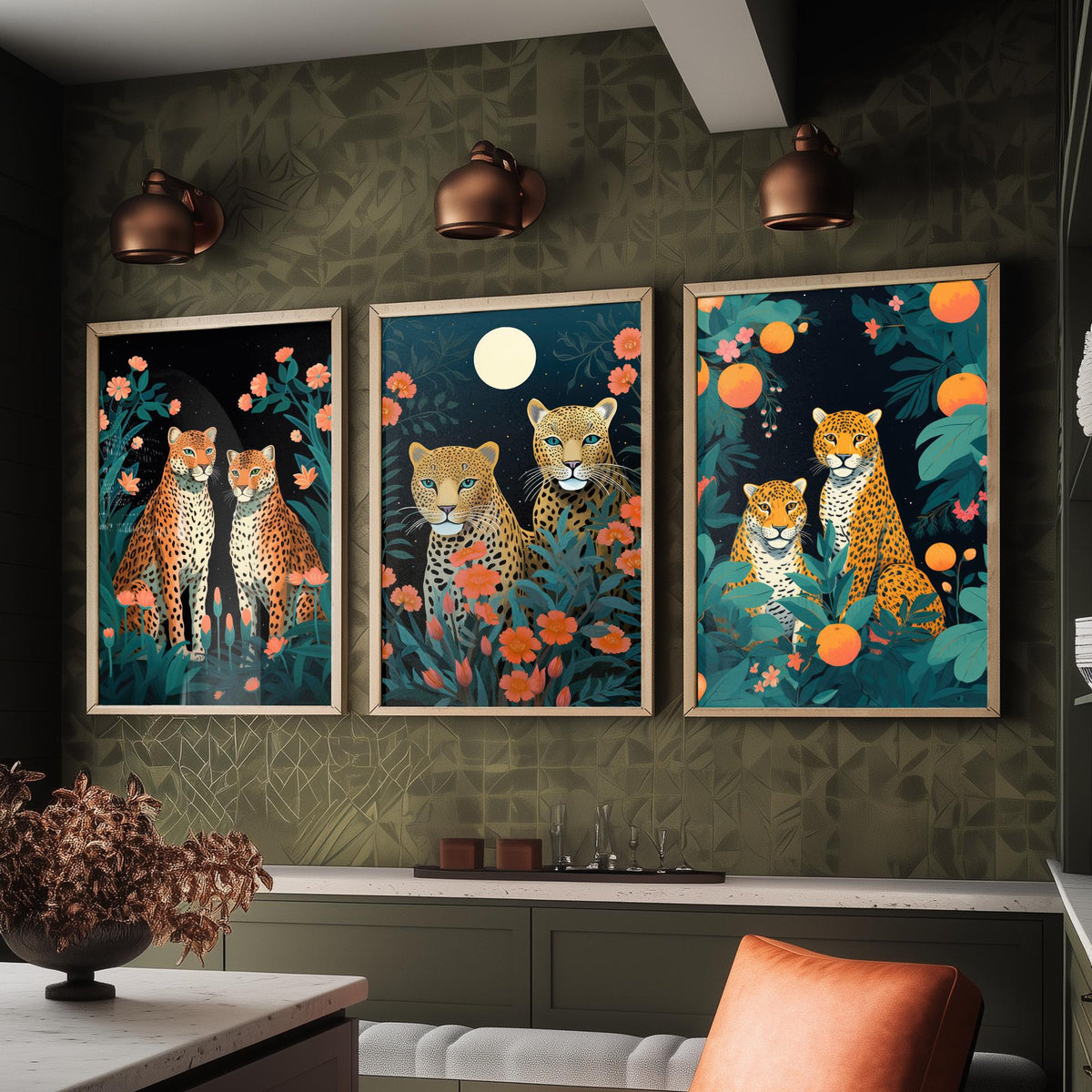Leopards with Flowers Set of Three Art Prints - Leopard Pairs in a Night Garden - Boho Jungle Poster Illustration