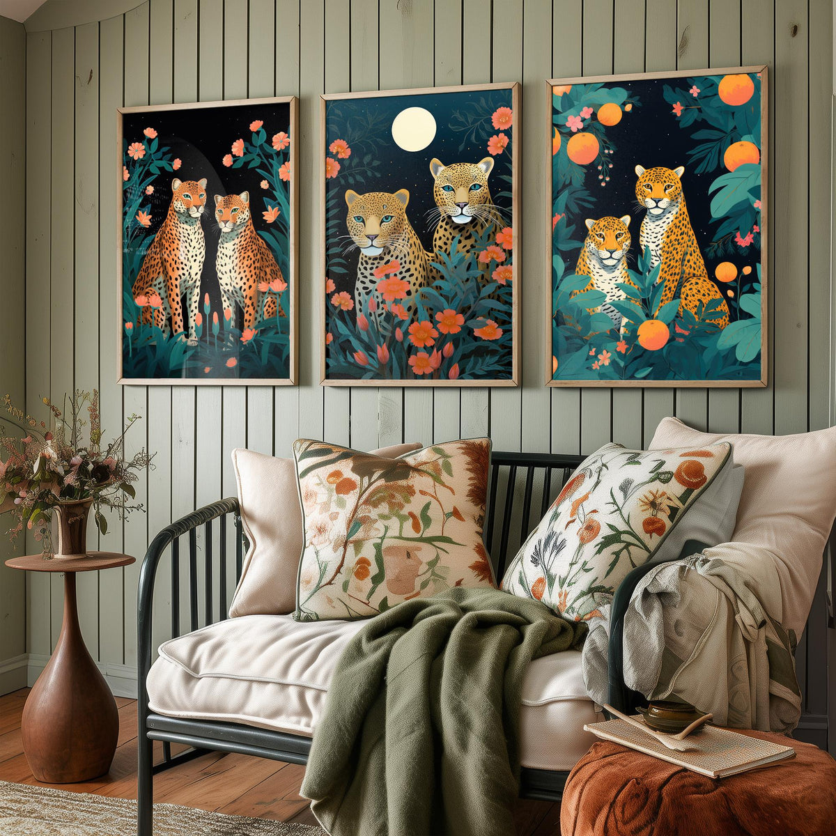 Leopards with Flowers Set of Three Art Prints - Leopard Pairs in a Night Garden - Boho Jungle Poster Illustration