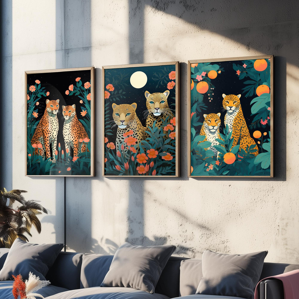 Leopards with Flowers Set of Three Art Prints - Leopard Pairs in a Night Garden - Boho Jungle Poster Illustration