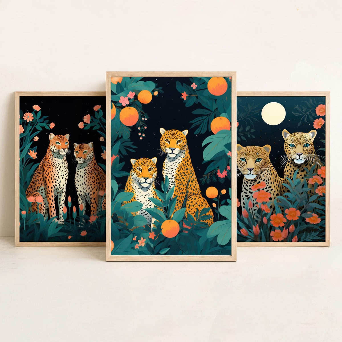 Leopards with Flowers Set of Three Art Prints - Leopard Pairs in a Night Garden - Boho Jungle Poster Illustration