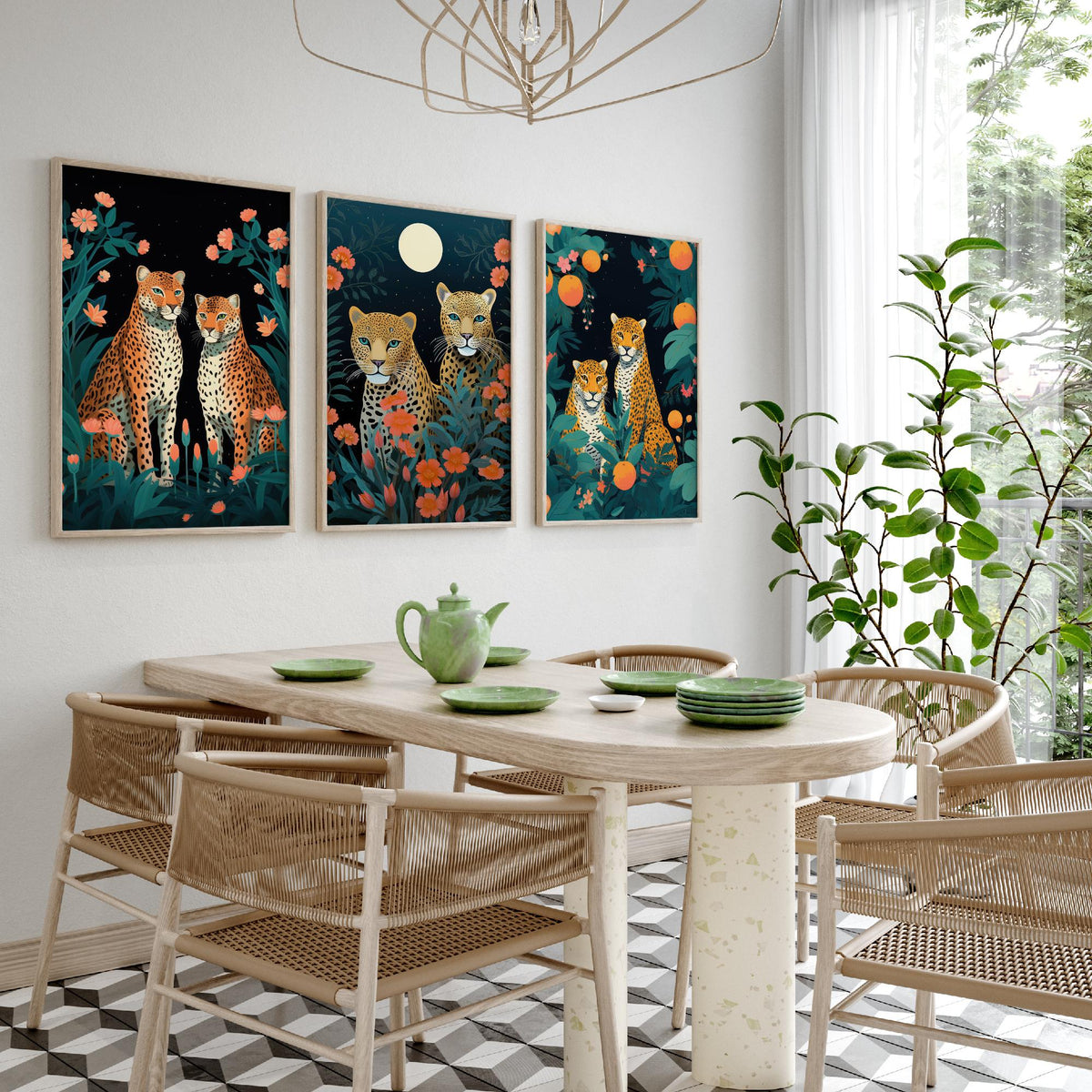 Leopards with Flowers Set of Three Art Prints - Leopard Pairs in a Night Garden - Boho Jungle Poster Illustration