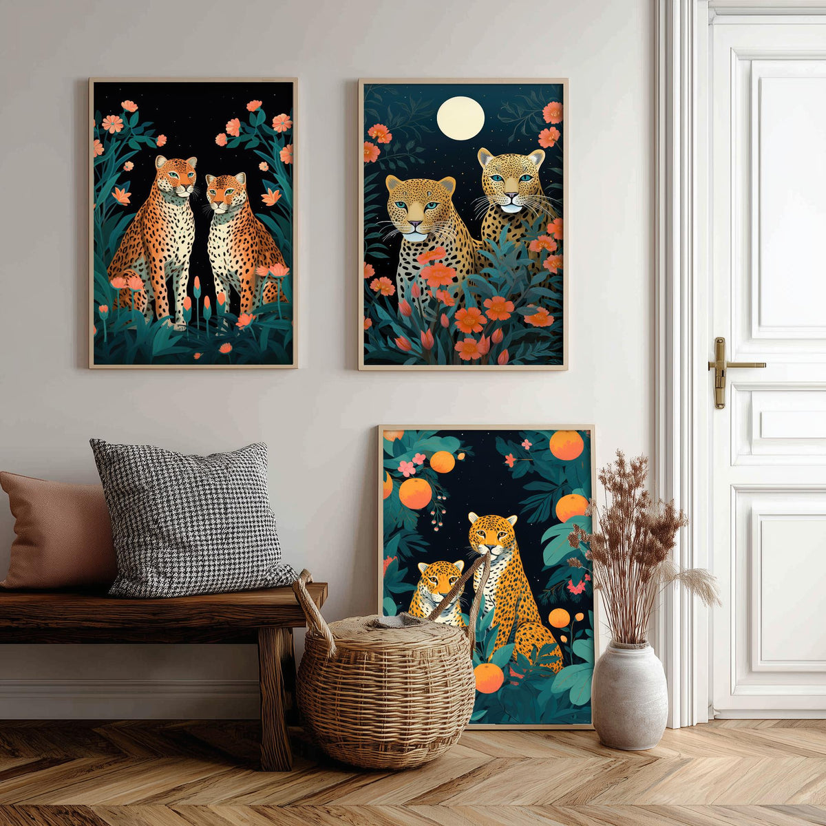 Leopards with Flowers Set of Three Art Prints - Leopard Pairs in a Night Garden - Boho Jungle Poster Illustration