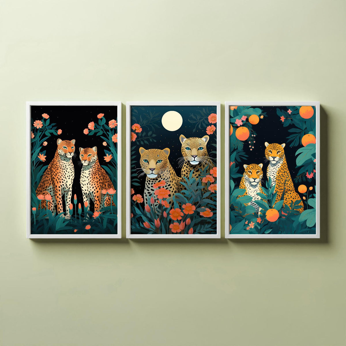 Leopards with Flowers Set of Three Art Prints - Leopard Pairs in a Night Garden - Boho Jungle Poster Illustration