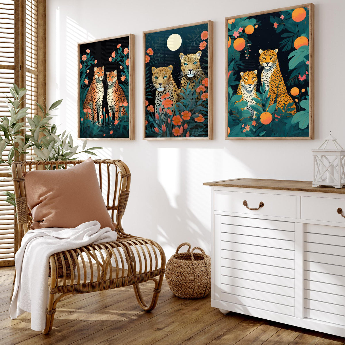 Leopards with Flowers Set of Three Art Prints - Leopard Pairs in a Night Garden - Boho Jungle Poster Illustration