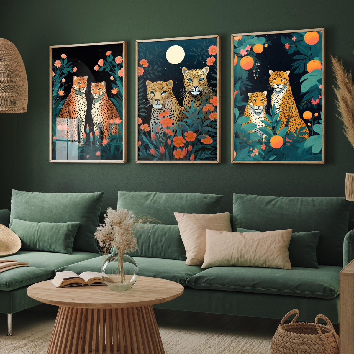 Leopards with Flowers Set of Three Art Prints - Leopard Pairs in a Night Garden - Boho Jungle Poster Illustration