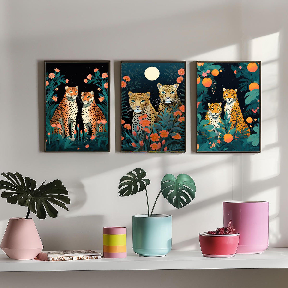Leopards with Flowers Set of Three Art Prints - Leopard Pairs in a Night Garden - Boho Jungle Poster Illustration