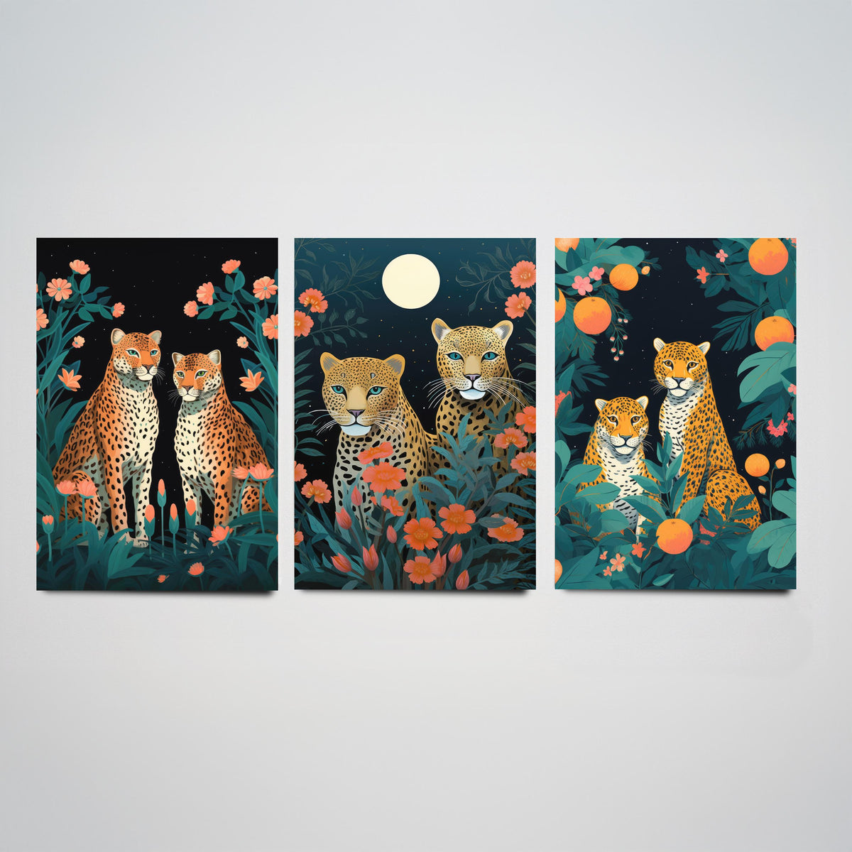 Leopards with Flowers Set of Three Art Prints - Leopard Pairs in a Night Garden - Boho Jungle Poster Illustration