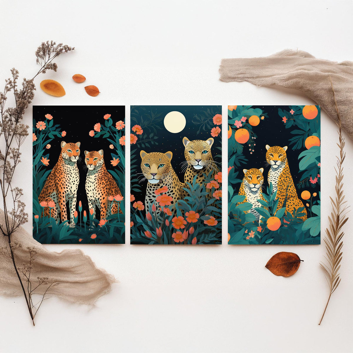 Leopards with Flowers Set of Three Art Prints - Leopard Pairs in a Night Garden - Boho Jungle Poster Illustration
