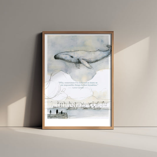 Lewis Carroll Quote Art Print - Six Impossible Things Poster - Whimsical Whale Illustration - Wall Art 1/3