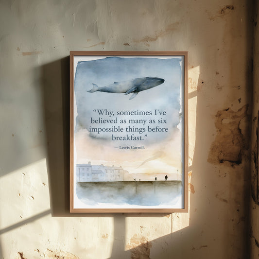 Six Impossible Things Quote Art Print - Lewis Carroll Whale Poster - Dreamy Watercolour Wall Art 2/3