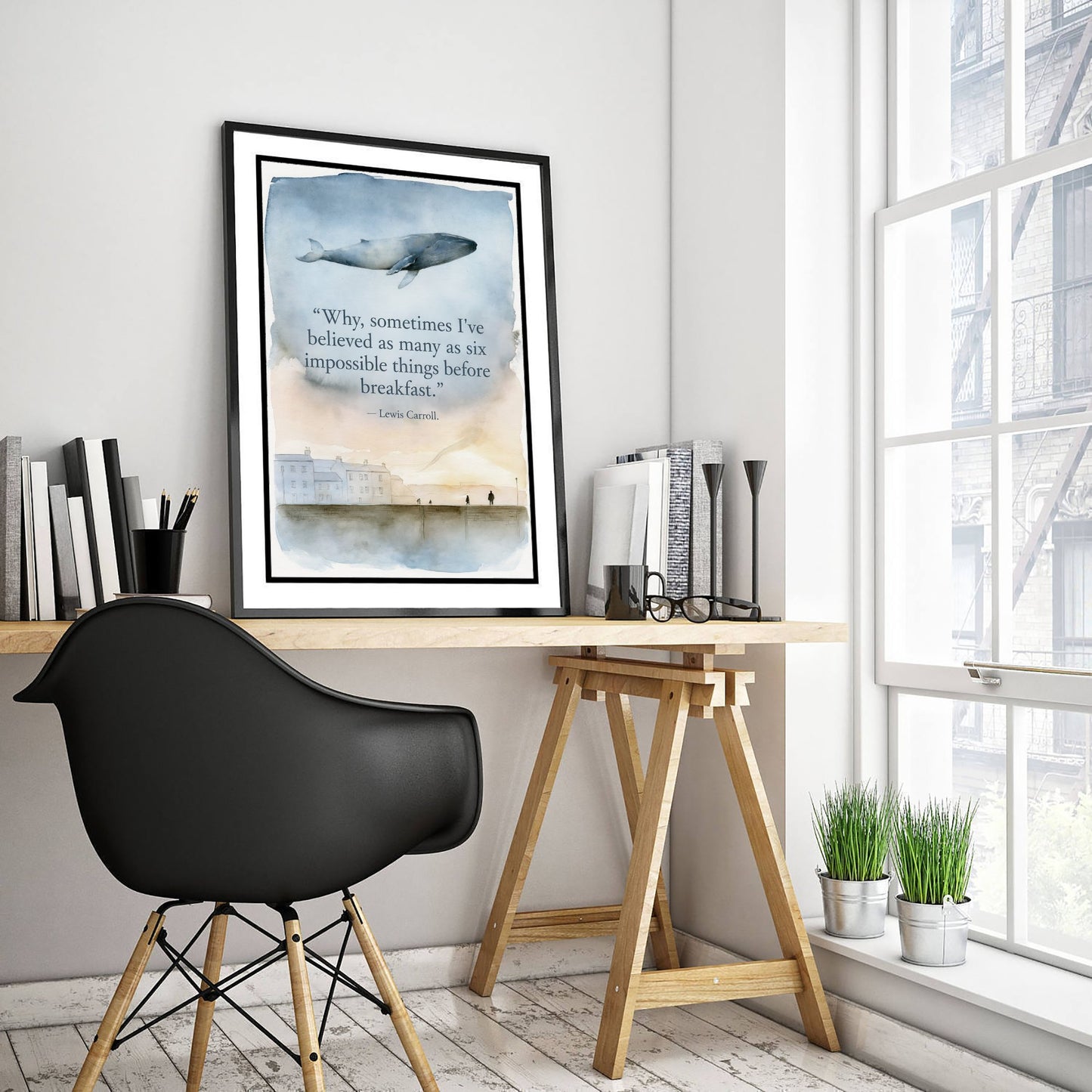 Six Impossible Things Quote Art Print - Lewis Carroll Whale Poster - Dreamy Watercolour Wall Art 2/3