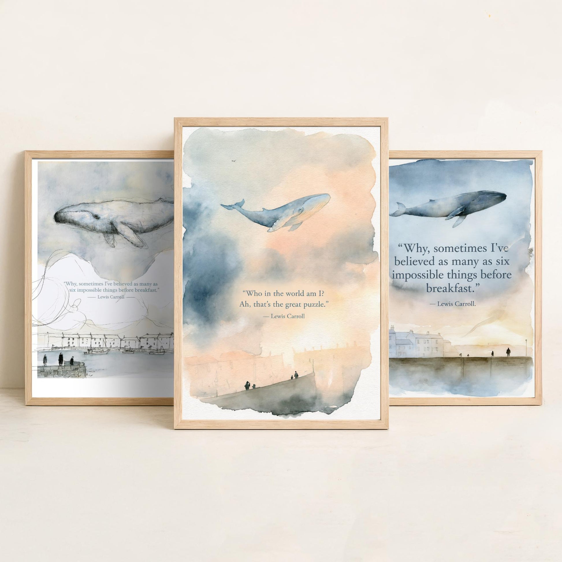 Lewis Carroll Quote Set of Three Art Prints - Whimsical Whale Wall Art - Watercolour Poster Painting Gift Nursery Decor