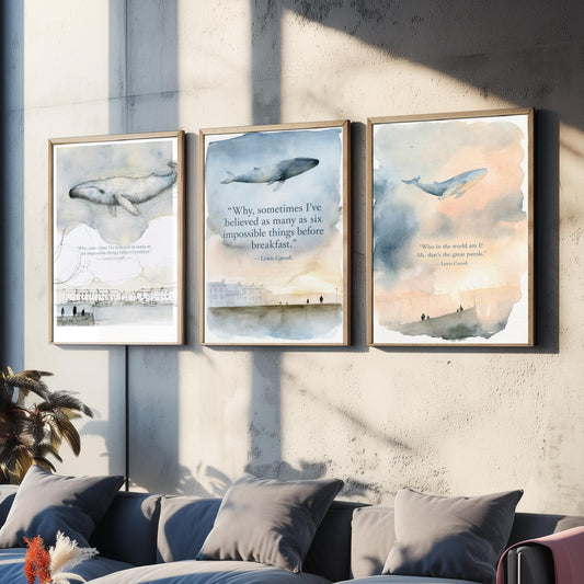 Lewis Carroll Quote Set of Three Art Prints - Whimsical Whale Wall Art - Watercolour Poster Painting Gift Nursery Decor