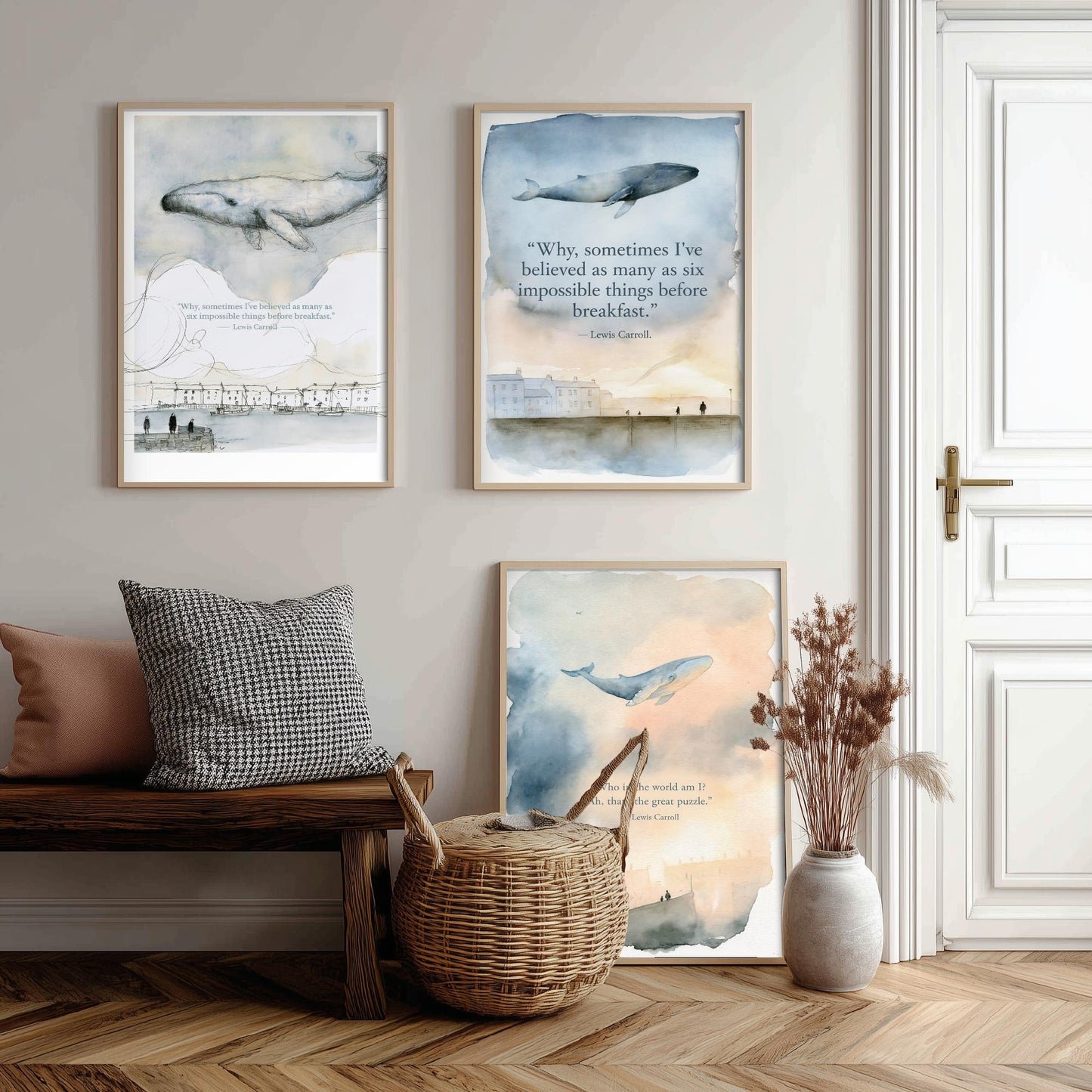 Lewis Carroll Quote Set of Three Art Prints - Whimsical Whale Wall Art - Watercolour Poster Painting Gift Nursery Decor