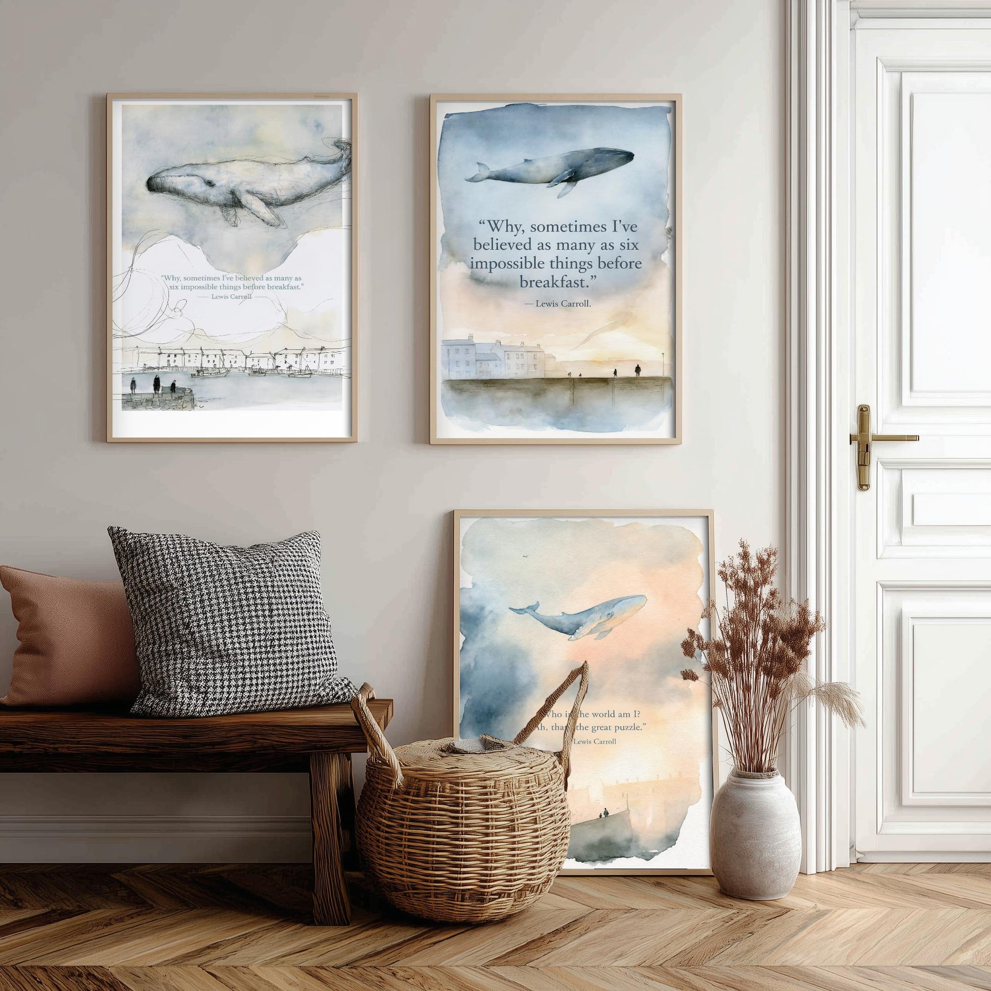 Lewis Carroll Quote Set of Three Art Prints - Whimsical Whale Wall Art - Watercolour Poster Painting Gift Nursery Decor