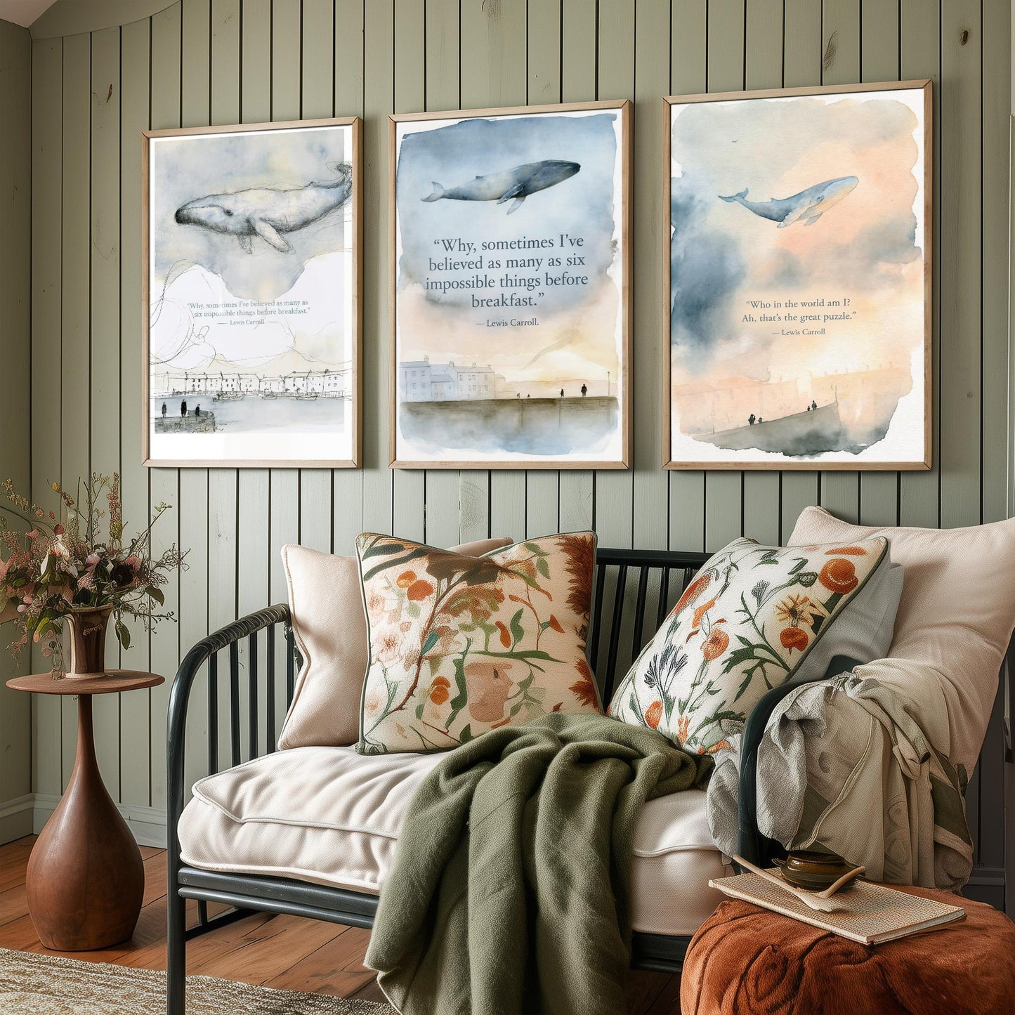 Lewis Carroll Quote Set of Three Art Prints - Whimsical Whale Wall Art - Watercolour Poster Painting Gift Nursery Decor