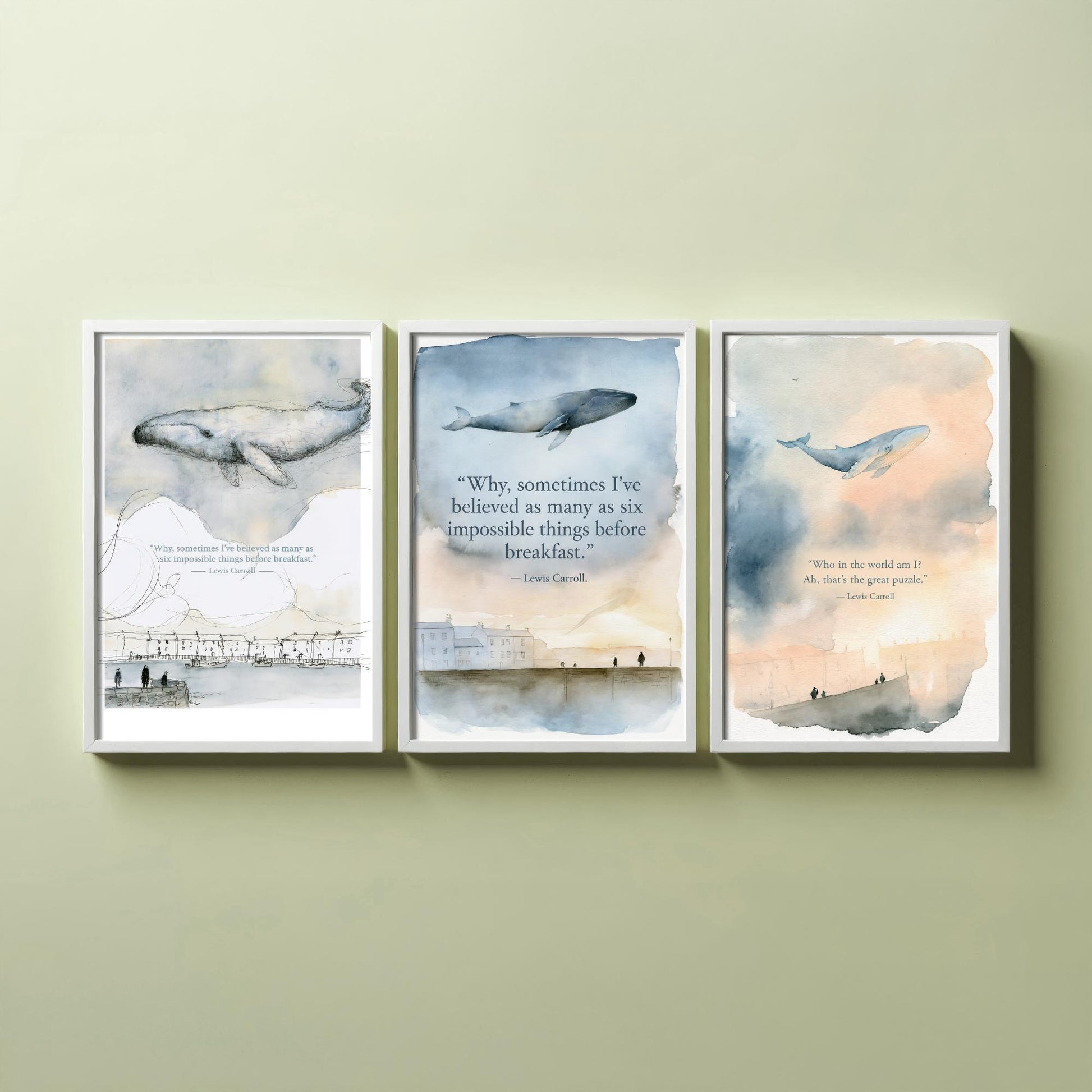 Lewis Carroll Quote Set of Three Art Prints - Whimsical Whale Wall Art - Watercolour Poster Painting Gift Nursery Decor