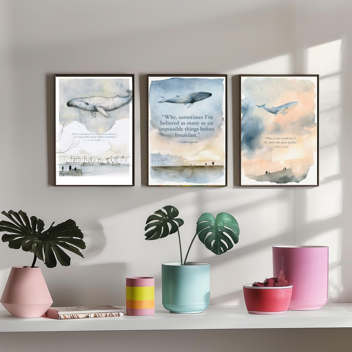 Lewis Carroll Quote Set of Three Art Prints - Whimsical Whale Wall Art - Watercolour Poster Painting Gift Nursery Decor