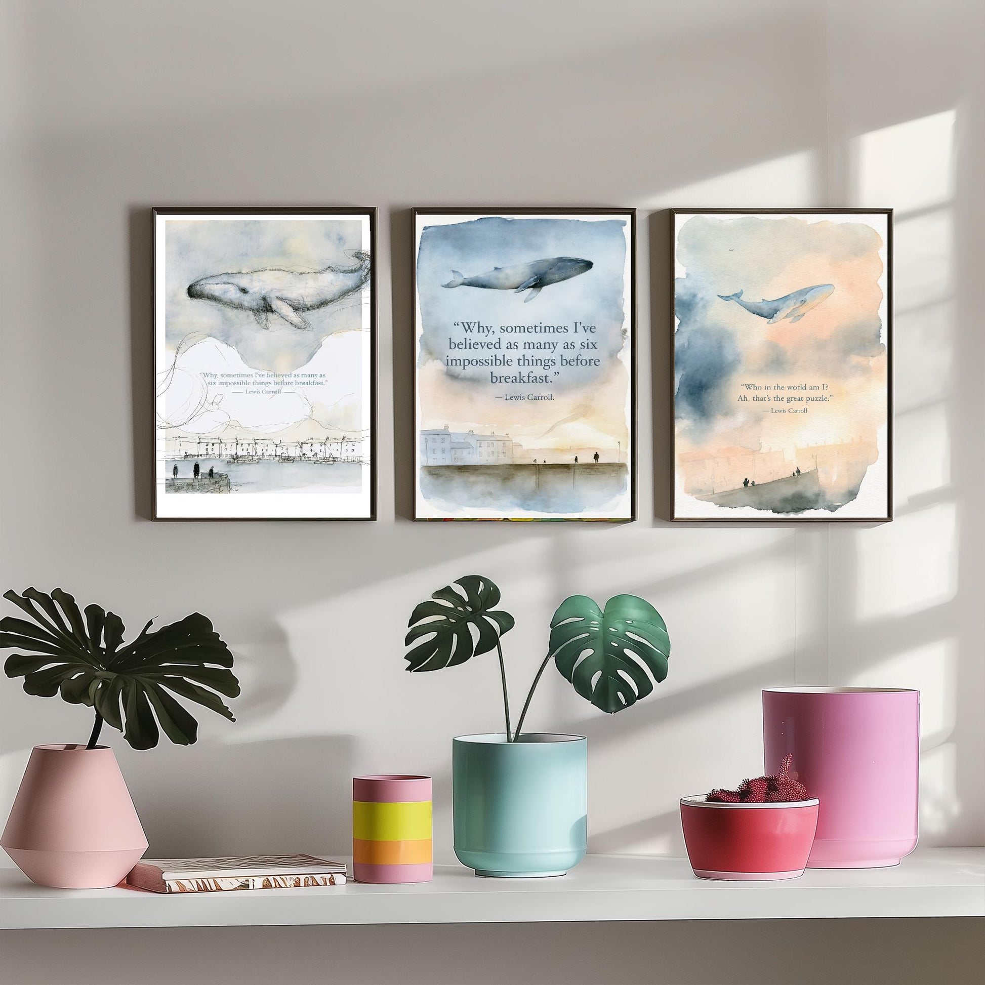 Lewis Carroll Quote Set of Three Art Prints - Whimsical Whale Wall Art - Watercolour Poster Painting Gift Nursery Decor