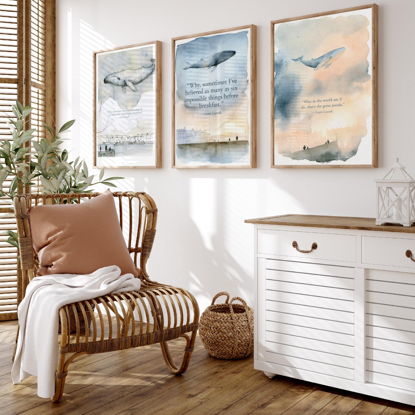 Lewis Carroll Quote Set of Three Art Prints - Whimsical Whale Wall Art - Watercolour Poster Painting Gift Nursery Decor