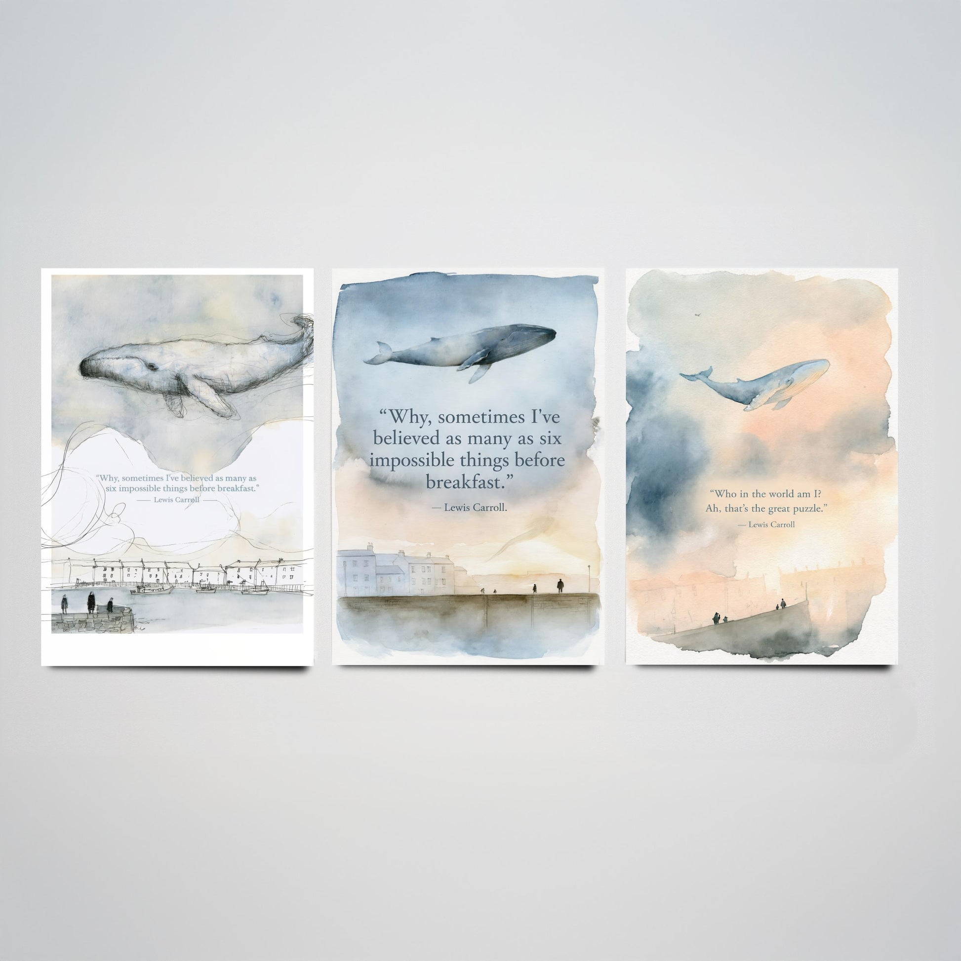 Lewis Carroll Quote Set of Three Art Prints - Whimsical Whale Wall Art - Watercolour Poster Painting Gift Nursery Decor