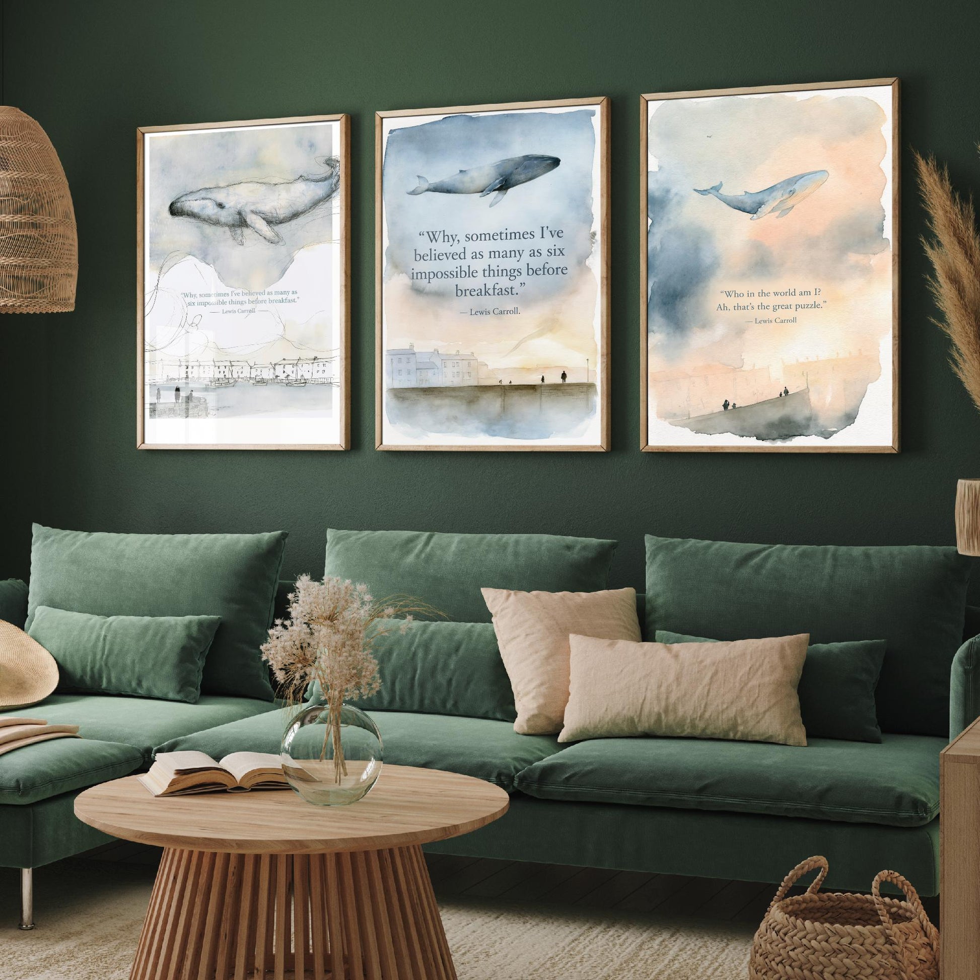 Lewis Carroll Quote Set of Three Art Prints - Whimsical Whale Wall Art - Watercolour Poster Painting Gift Nursery Decor