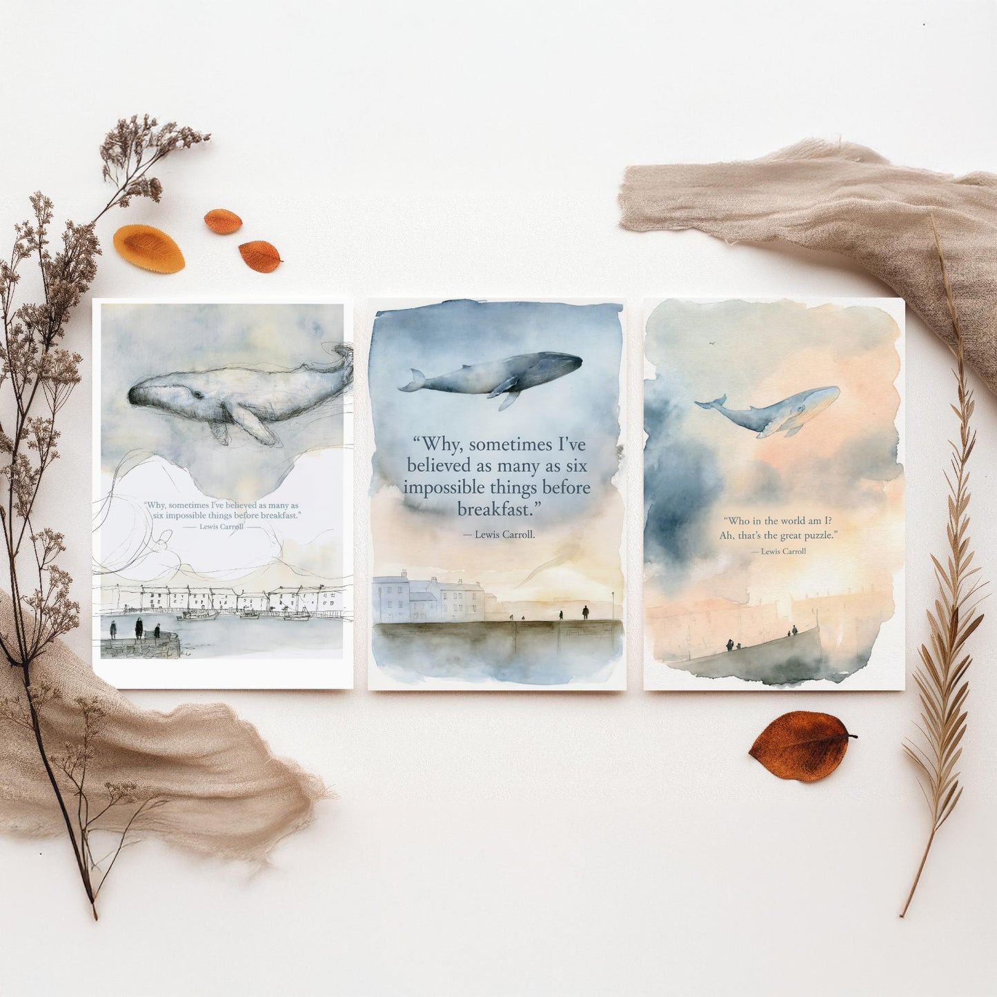 Lewis Carroll Quote Set of Three Art Prints - Whimsical Whale Wall Art - Watercolour Poster Painting Gift Nursery Decor