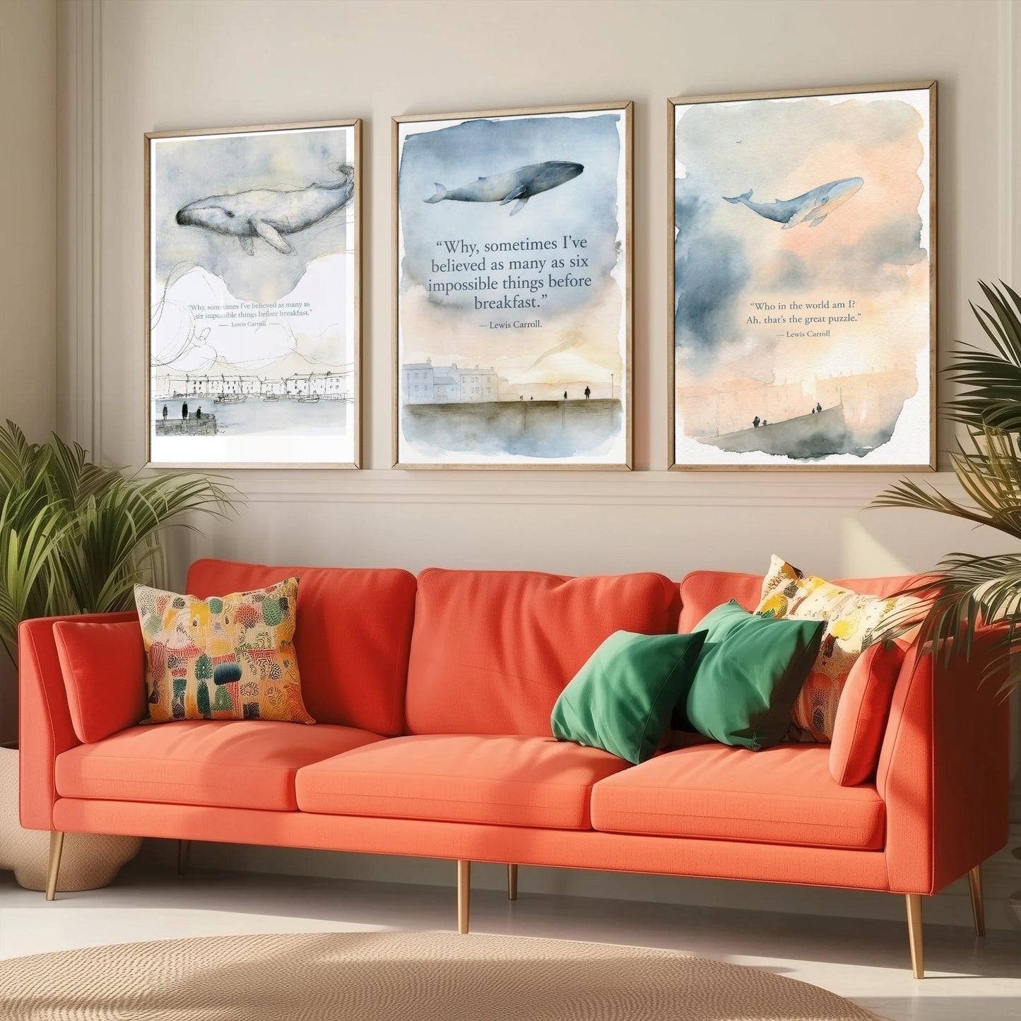 Lewis Carroll Quote Set of Three Art Prints - Whimsical Whale Wall Art - Watercolour Poster Painting Gift Nursery Decor