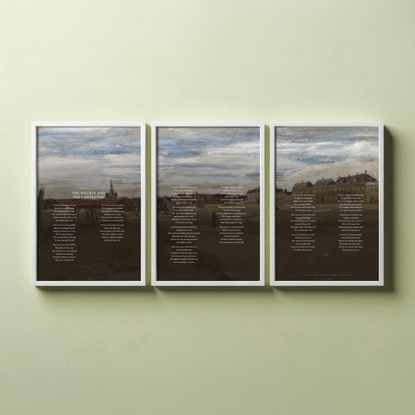 The Walrus and the Carpenter by Lewis Carroll Set of Three Art Prints - Full Poem over Van Gogh Beach Painting - Poetry Poster Triptych