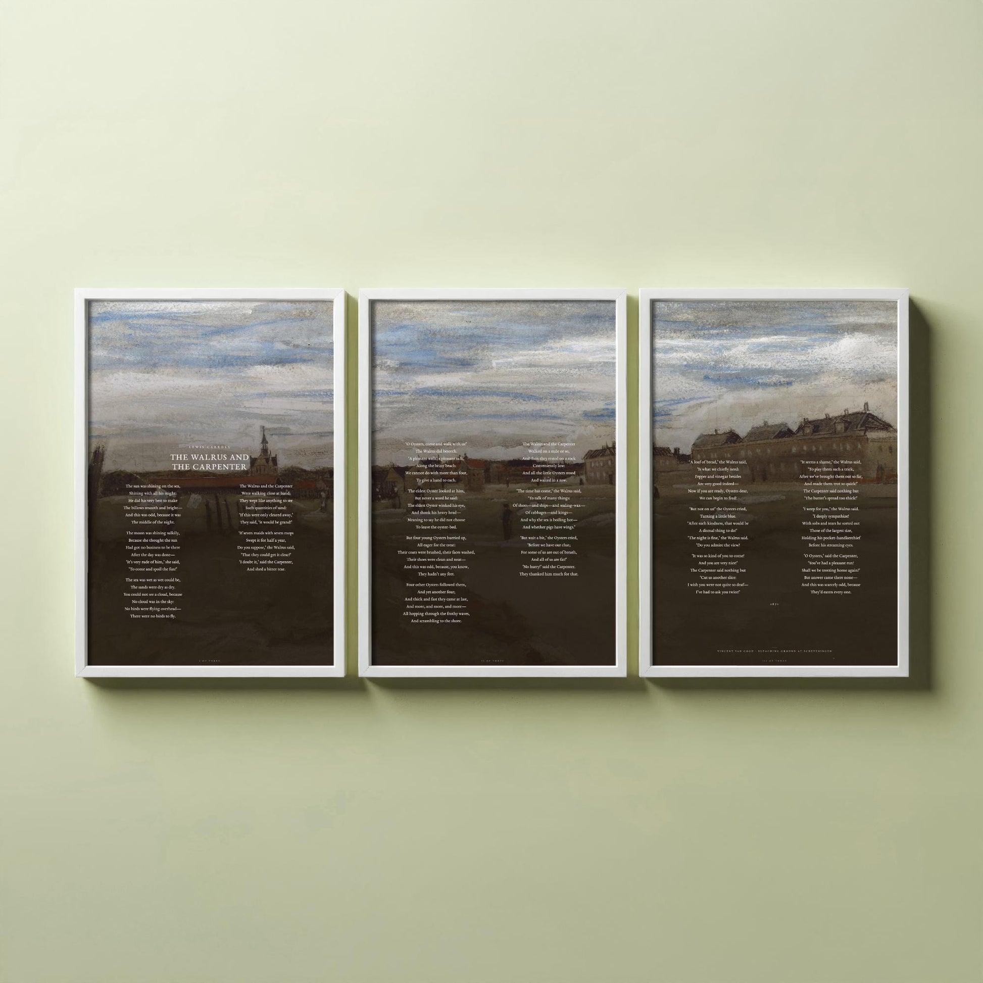 The Walrus and the Carpenter by Lewis Carroll Set of Three Art Prints - Full Poem over Van Gogh Beach Painting - Poetry Poster Triptych