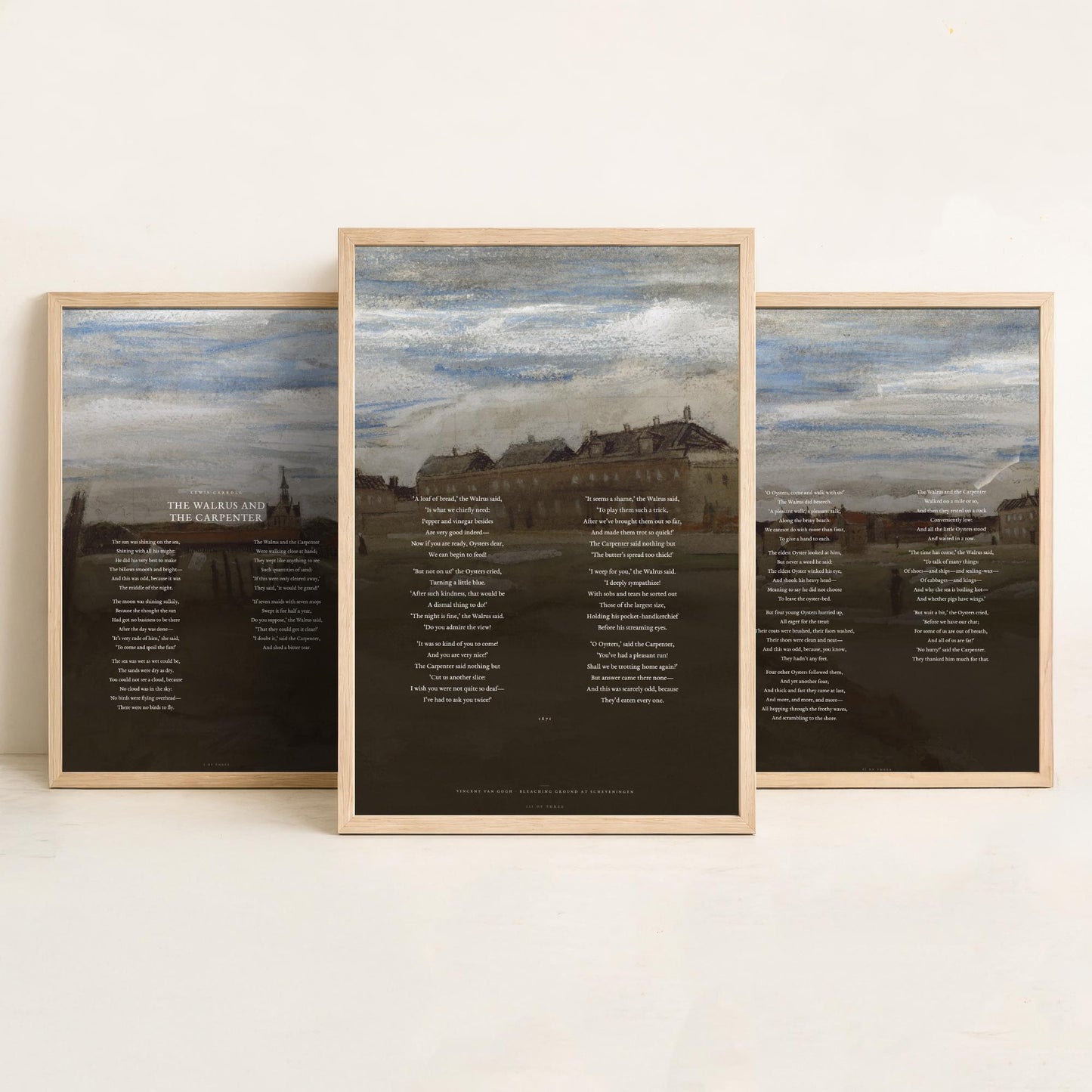 The Walrus and the Carpenter by Lewis Carroll Set of Three Art Prints - Full Poem over Van Gogh Beach Painting - Poetry Poster Triptych