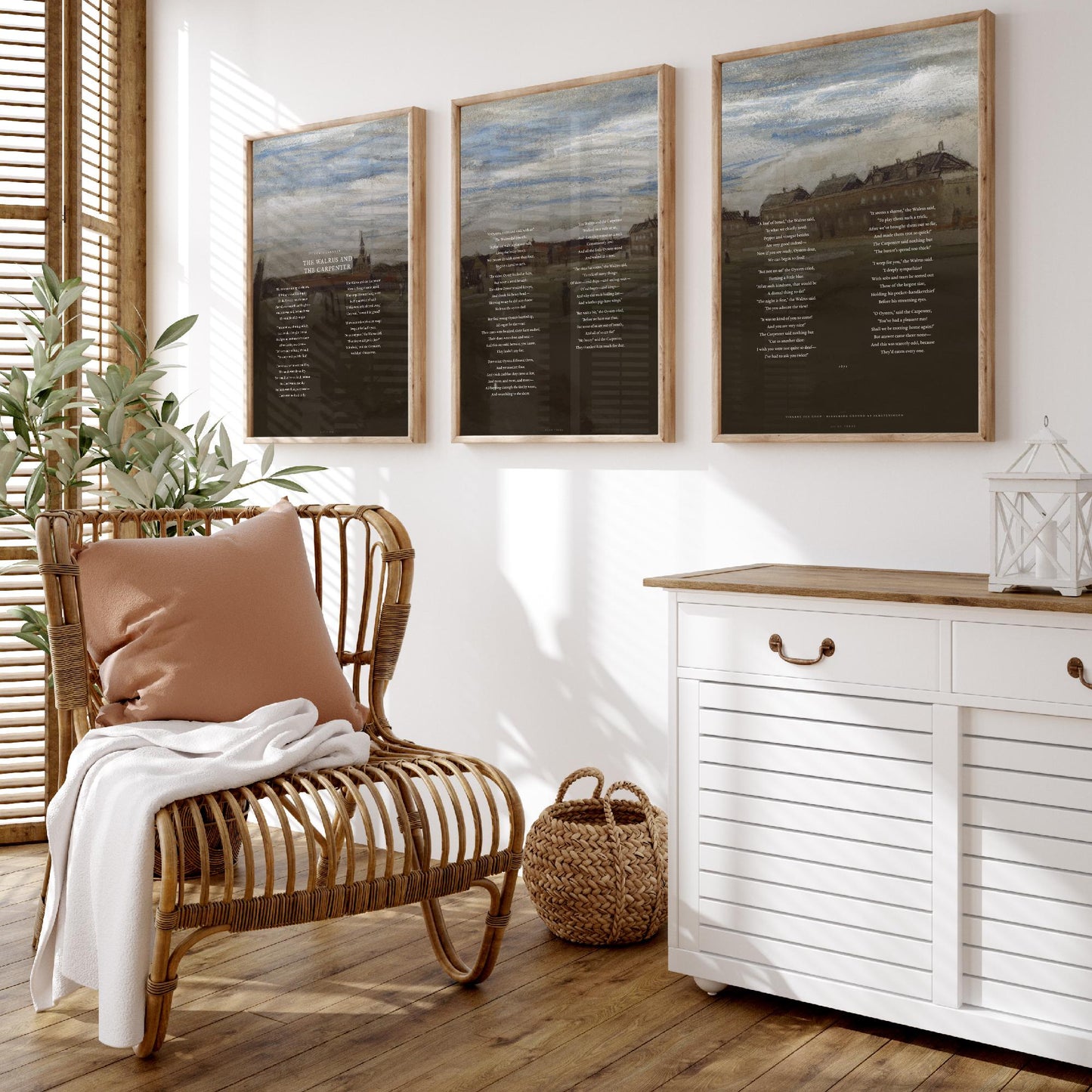 The Walrus and the Carpenter by Lewis Carroll Set of Three Art Prints - Full Poem over Van Gogh Beach Painting - Poetry Poster Triptych