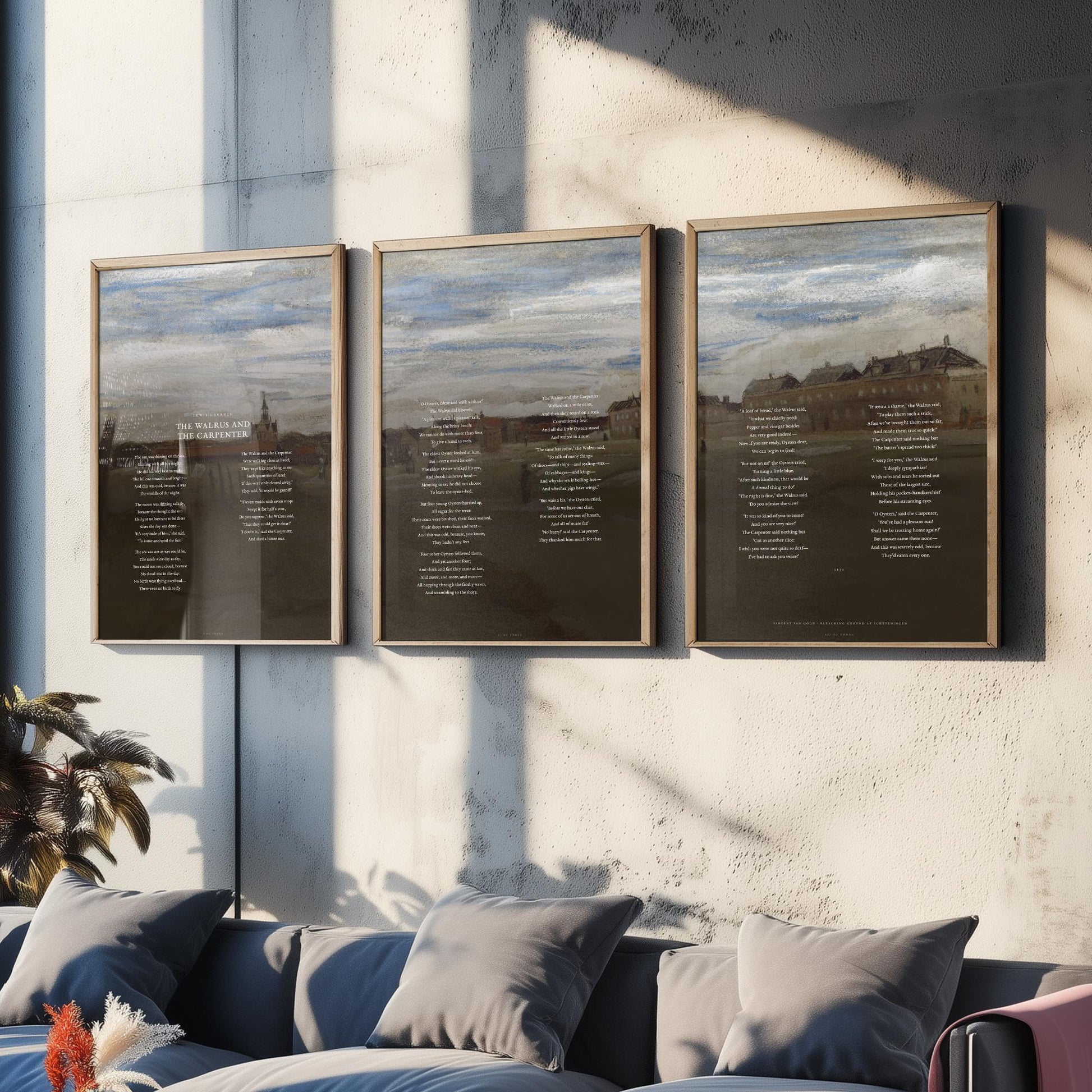 The Walrus and the Carpenter by Lewis Carroll Set of Three Art Prints - Full Poem over Van Gogh Beach Painting - Poetry Poster Triptych