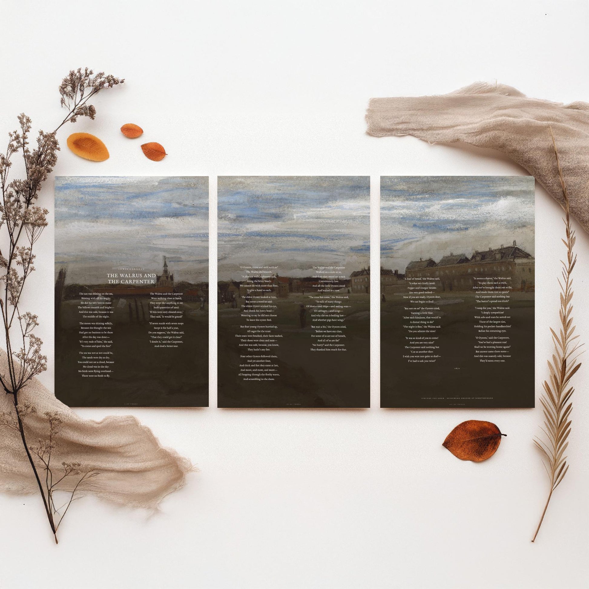 The Walrus and the Carpenter by Lewis Carroll Set of Three Art Prints - Full Poem over Van Gogh Beach Painting - Poetry Poster Triptych