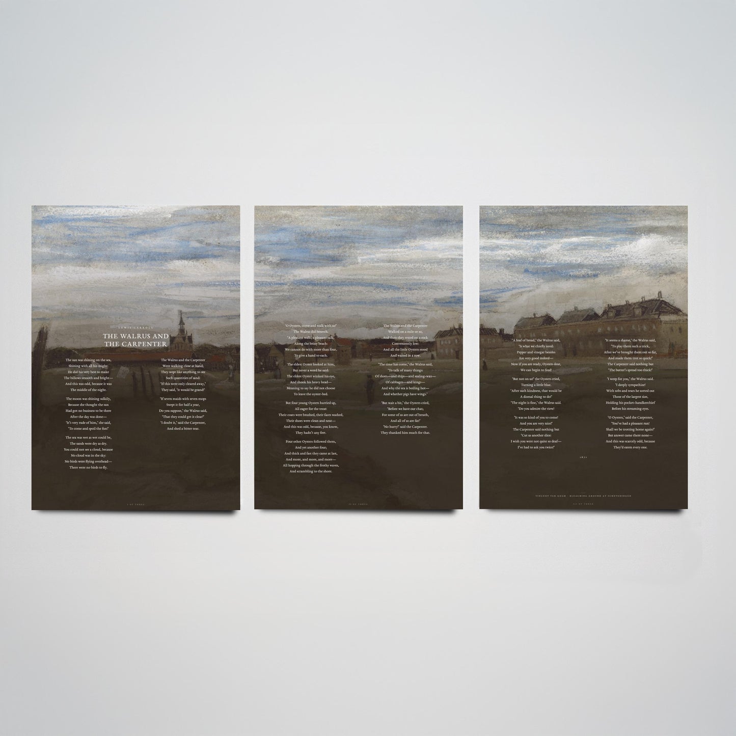 The Walrus and the Carpenter by Lewis Carroll Set of Three Art Prints - Full Poem over Van Gogh Beach Painting - Poetry Poster Triptych