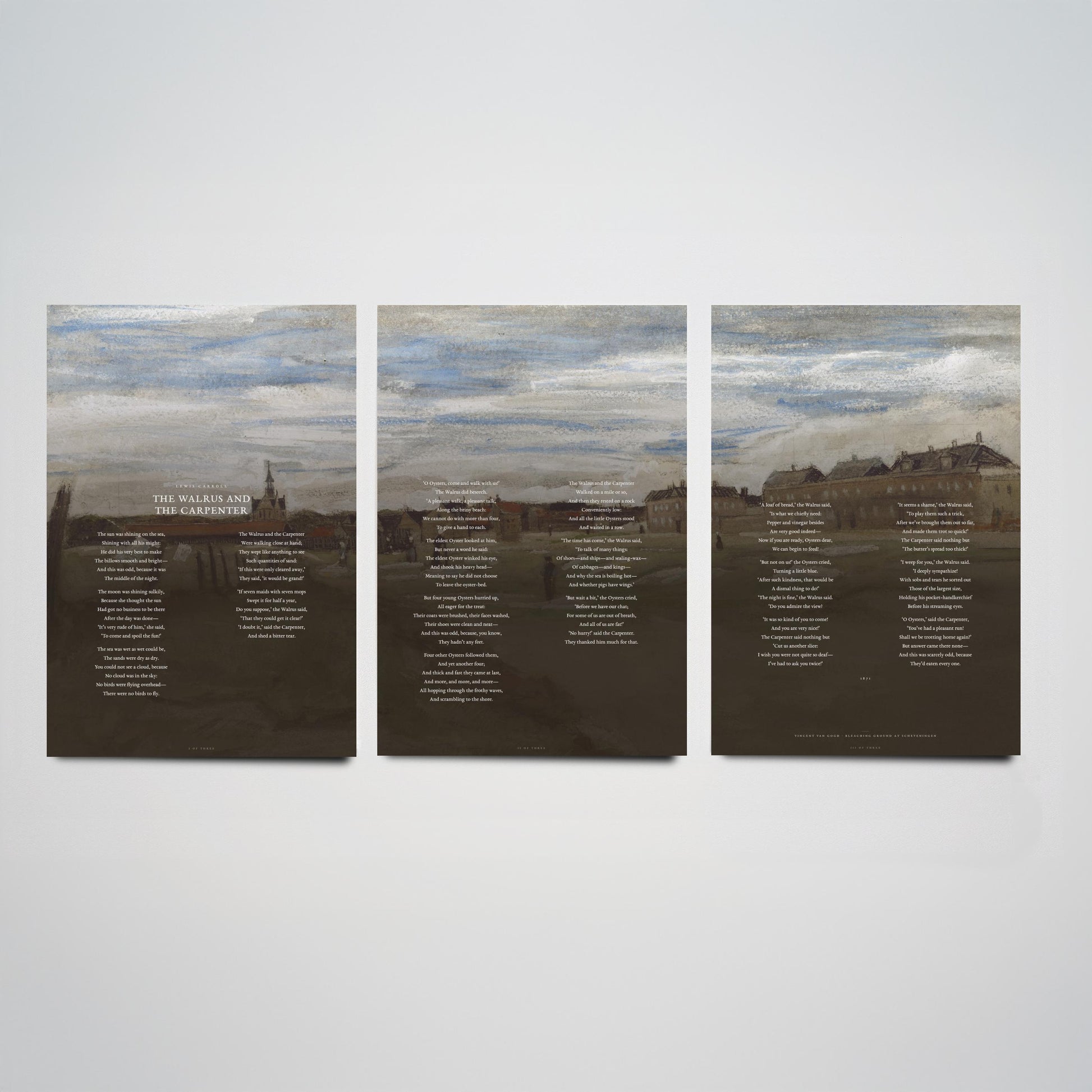 The Walrus and the Carpenter by Lewis Carroll Set of Three Art Prints - Full Poem over Van Gogh Beach Painting - Poetry Poster Triptych