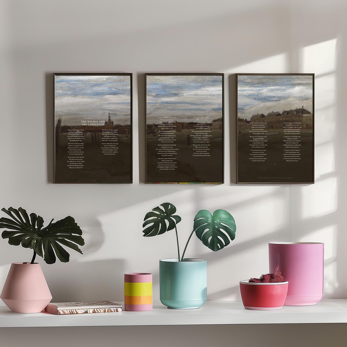 The Walrus and the Carpenter by Lewis Carroll Set of Three Art Prints - Full Poem over Van Gogh Beach Painting - Poetry Poster Triptych