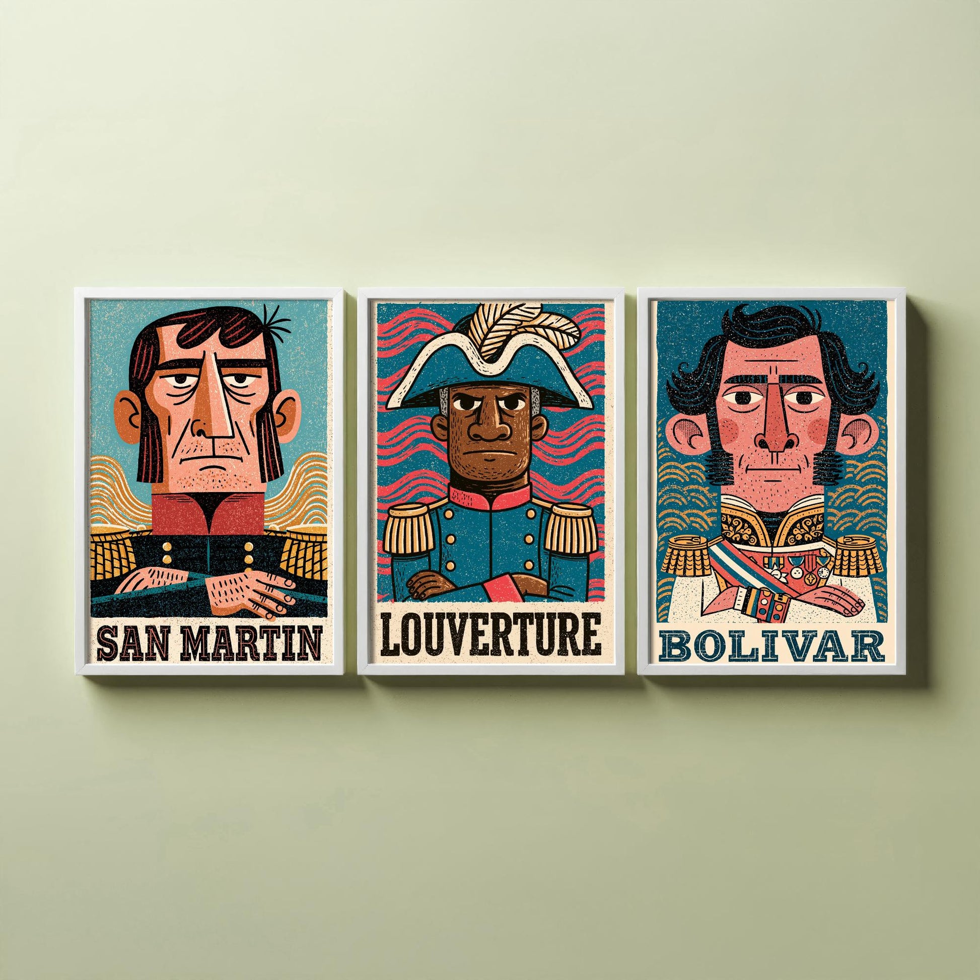 Liberators Set of Three Art Prints - San Martin, Louverture, Bolivar - History Poster Wall Art Gift Illustration Decor