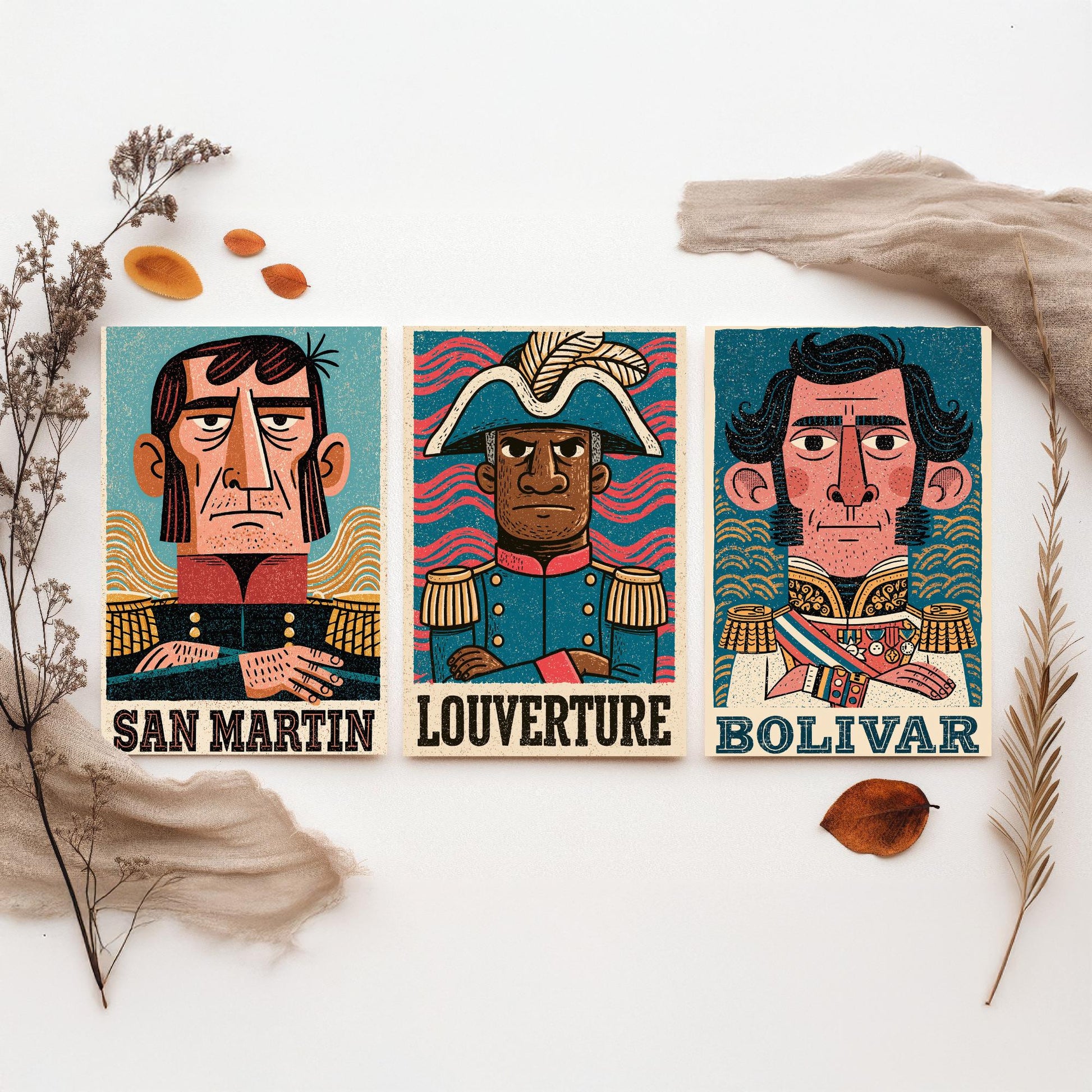 Liberators Set of Three Art Prints - San Martin, Louverture, Bolivar - History Poster Wall Art Gift Illustration Decor