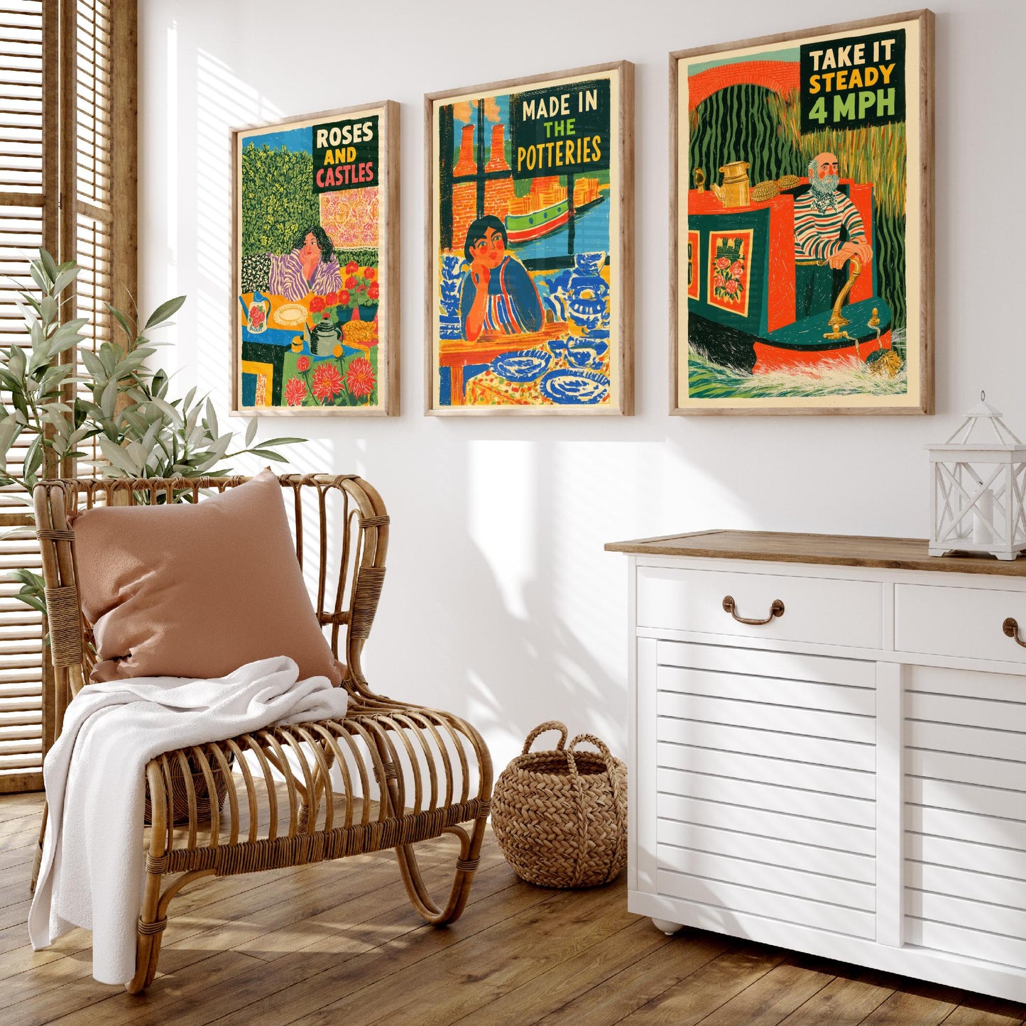 Life on the Cut Set of Three Art Prints - Roses and Castles, Made in the Potteries, Take It Steady 4mph - Canal Folk Posters Illustration