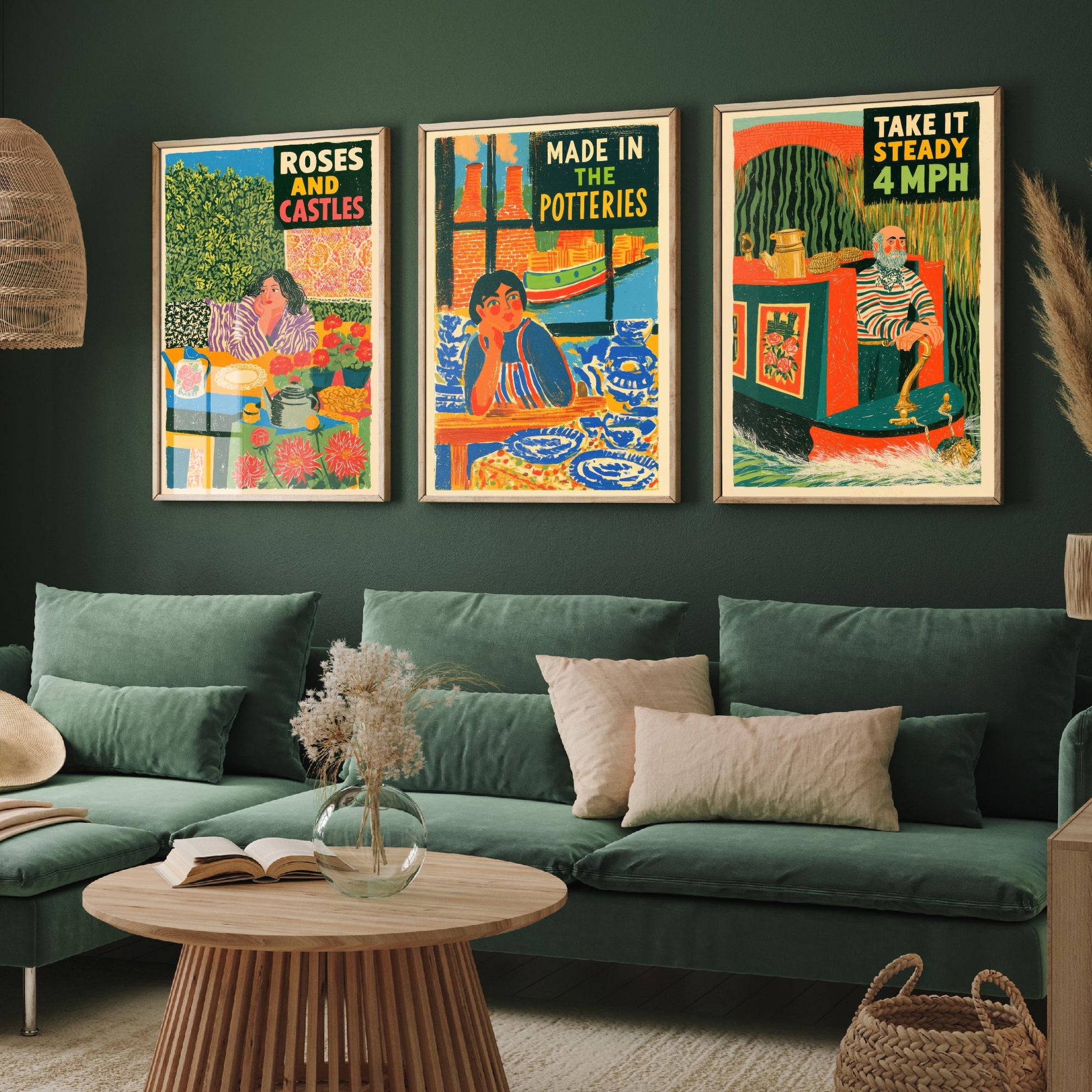 Life on the Cut Set of Three Art Prints - Roses and Castles, Made in the Potteries, Take It Steady 4mph - Canal Folk Posters Illustration